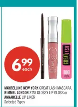 Shoppers Drug Mart MAYBELLINE NEW YORK GREAT LASH MASCARA, RIMMEL LONDON STAY GLOSSY LIP GLOSS or ANNABELLE LIP LINER offer