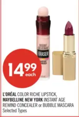 Shoppers Drug Mart L'ORÉAL COLOR RICHE LIPSTICK, MAYBELLINE NEW YORK INSTANT AGE REWIND CONCEALER or BUBBLE MASCARA offer