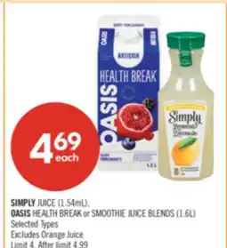 Shoppers Drug Mart SIMPLY JUICE (1.54mL), OASIS HEALTH BREAK or SMOOTHIE JUICE BLENDS (1.6L) offer