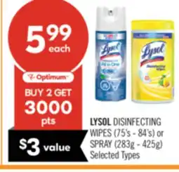 Shoppers Drug Mart LYSOL DISINFECTING WIPES (75's - 84's) or SPRAY (283g - 425g) offer