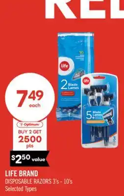 Shoppers Drug Mart LIFE BRAND DISPOSABLE RAZORS 3's - 10's offer