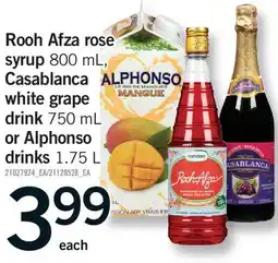 Fortinos ROOH AFZA ROSE SYRUP, 800 ML, CASABLANCA AL WHITE GRAPE DRINK, 750 ML OR ALPHONSO DRINKS, 1.75 L offer