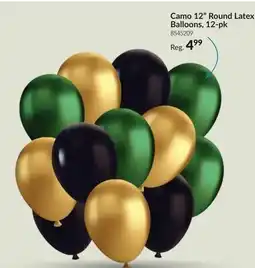 Party City Camo Round Solid Latex Balloons, Green/Gold/Black, 12-in, 12-pk, for Birthday Party Balloons offer