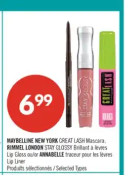 Pharmaprix MAYBELLINE NEW YORK GREAT LASH Mascara, RIMMEL LONDON STAY GLOSSY Lip Gloss or ANNABELLE Lip Liner offer