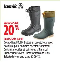 Canadian Tire Kamik Ramrod Rubber Boots with Liners for Men and Kids offer
