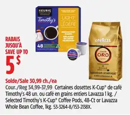 Canadian Tire Selected Timothy's K-Cup Coffee Pods, 48-Ct or Lavazza Whole Bean Coffee, 1kg offer
