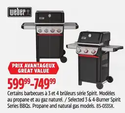 Canadian Tire Selected 3 & 4–Burner Spirit Series BBQs. Propane and natural gas models offer