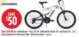 Canadian Tire Supercycle Adrenaline Youth 24˝ and Adult 26˝, 27.5˝ Dual-Suspension Mountain Bike offer