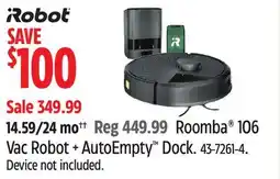 Canadian Tire iRobot Roomba 106 Vac Robot + AutoEmpty Dock offer
