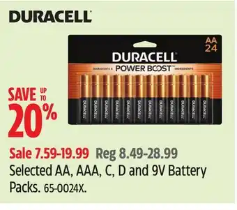 Canadian Tire Duracell Selected AA, AAA, C, D and 9V Battery Packs offer