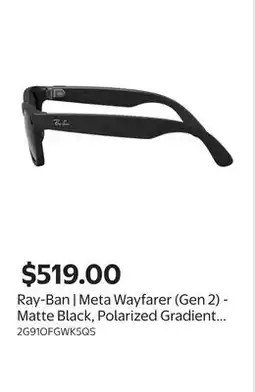 Walmart Ray-Ban | Meta Wayfarer (Gen 2) - Matte Black, Polarized Gradient Graphite lenses offer