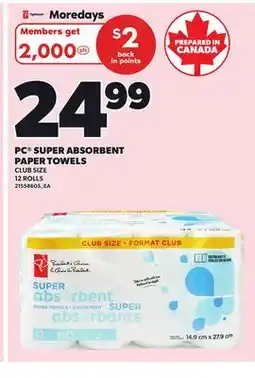 Loblaws PC SUPER ABSORBENT PAPER TOWELS, 12 ROLLS offer