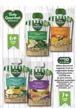 Loblaws BABY GOURMENT ORGANIC vegetable baby food pouches 113/128 mL or jars 113 ml offer