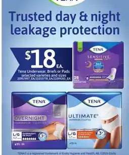 Loblaws TENA UNDERWEAR, BRIEFS OR PADS offer