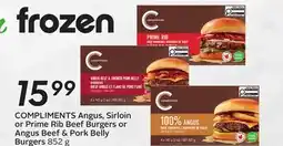 Sobeys COMPLIMENTS Angus, Sirloin or Prime Rib Beef Burgers or Angus Beef & Pork Belly Burgers offer