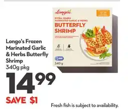 Longo's Frozen Marinated Garlic & Herbs Butterfly Shrimp offer
