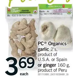 Fortinos PC ORGANICS GARLIC 2'S, OR GINGER offer