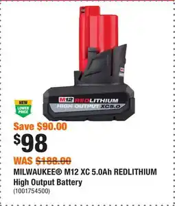 Home Depot MILWAUKEE M12 XC 5.0Ah REDLITHIUM High Output Battery offer