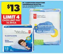 Real Canadian Superstore PC SLEEPOVERS NIGHTTIME UNDERWEAR, 20-26' S offer