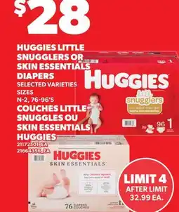 Independent Grocer HUGGIES LITTLE SNUGGLERS OR SKIN ESSENTIALS DIAPERS, N-2, 76-96'S offer