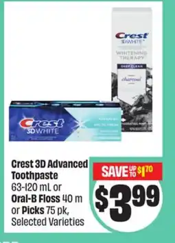 FreshCo Crest 3D Advanced Toothpaste 63-120 ml or Oral-B Floss 40 m or Picks 75 pk Selected Varieties offer