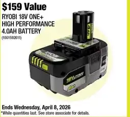 Home Depot Ryobi 18V HIGH PERFORMANCE 4.0AH BATTERY offer