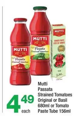 Highland Farms Mutti Passata Strained Tomatoes Original or Basil 680ml or Tomato Paste Tube 156ml offer