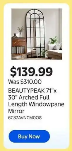 Walmart BEAUTYPEAK 71”x 30” Arched Full Length Windowpane Mirror offer