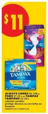 No Frills Always liners, pads or Tampax tampons offer