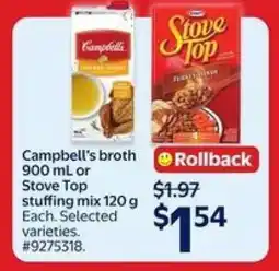 Walmart Campbell's broth 900 mL or Stove Top stuffing mix 120 g offer