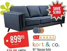 The Brick Kort & Co. Kassia 90.6 Linen-Look Fabric Sofa with Wood Base and Legs - Blue offer