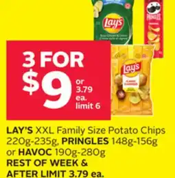 Rexall LAY'S XXL Family Size Potato Chips 220g-235g, PRINGLES 148g-156g or HAVOC 190g-280g offer