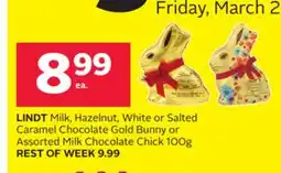 Rexall LINDT Milk, Hazelnut, White or Salted Caramel Chocolate Gold Bunny or Assorted Milk Chocolate Chick offer