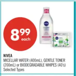 Shoppers Drug Mart NIVEA MICELLAR WATER (400mL), GENTLE TONER (200mL) or BIODEGRADABLE WHIPES (40's) offer