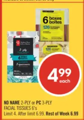 Shoppers Drug Mart NO NAME 2-PLY or PC 3-PLY FACIAL TISSUES offer