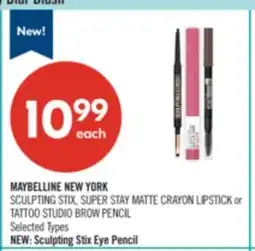 Shoppers Drug Mart MAYBELLINE NEW YORK SCULPTING STIX, SUPER STAY MATTE CRAYON LIPSTICK or TATTOO STUDIO BROW PENCIL offer