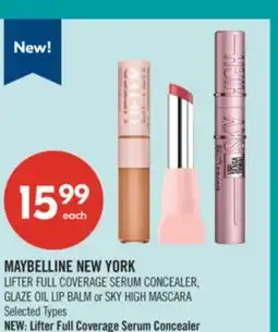 Shoppers Drug Mart MAYBELLINE NEW YORK LIFTER FULL COVERAGE SERUM CONCEALER, GLAZE OIL LIP BALM or SKY HIGH MASCARA offer