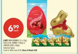 Shoppers Drug Mart LINDT MINI BUNNIES (5 x 10g), GOLD FOIL BUNNY (100g) or LINDOR EGGS (180g) offer
