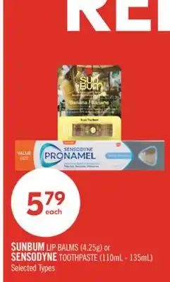 Shoppers Drug Mart SUNBUM LIP BALMS (4.25g) or SENSODYNE TOOTHPASTE (110mL - 135mL) offer