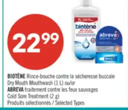 Pharmaprix BIOTÈNE Dry Mouth Mouthwash (1 L) or ABREVA Cold Sore Treatment (2 g) offer