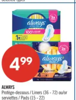 Pharmaprix ALWAYS Liners (36 - 72) or Pads (15 - 22) offer