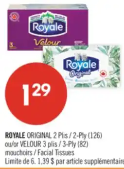 Pharmaprix ROYALE ORIGINAL 2-Ply (126) or VELOUR 3-Ply (82) Facial Tissues offer