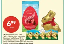 Pharmaprix LINDT mini lapins en chocolat / minis (5 x 10 g) gold foil bunny (100 g) LINDOR egg (180 g) offer