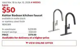 Costco Kohler Rodean kitchen faucet offer