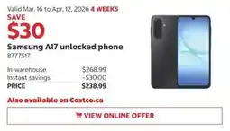 Costco Samsung A17 unlocked phone offer