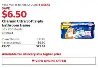 Costco Charmin Ultra Soft 2-ply bathroom tissue offer