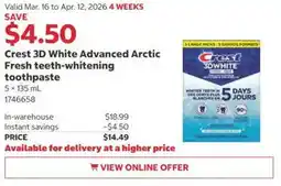 Costco Crest 3D White Advanced Arctic Fresh teeth-whitening toothpaste offer