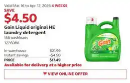 Costco Gain Liquid original HE laundry detergent offer