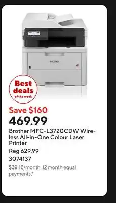 Staples Brother MFC-L3720CDW Wireless All-in-One Colour Laser Printer offer