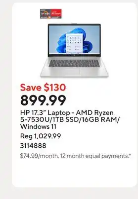 Staples HP 17.3 Laptop - AMD Ryzen 5-7530U/1TB SSD/16GB RAM/Windows 11 offer
